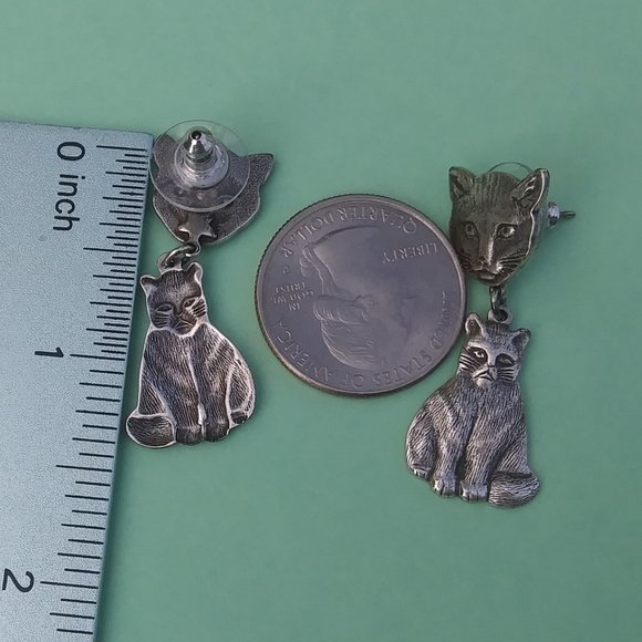 drop dangle cat earrings silver tone metal - Picture 5 of 11